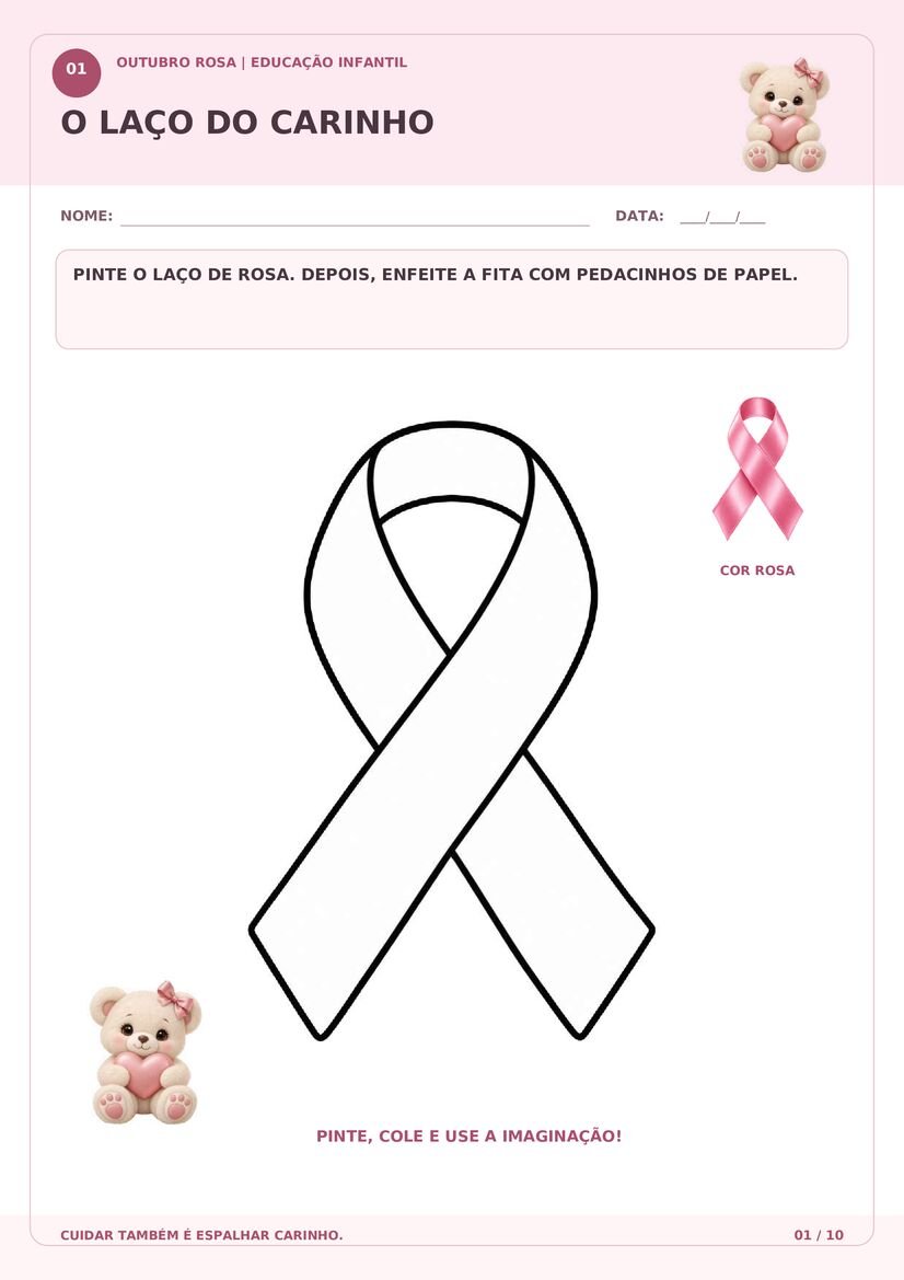 Atividade Outubro Rosa para Educação Infantil com laço para pintar de rosa e decorar com colagem